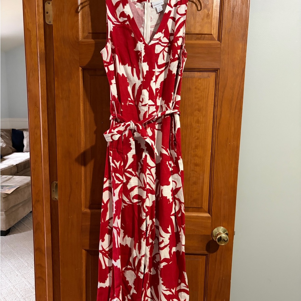Red & White Floral Maxi - Sleeveless Romper Tie-Waist
